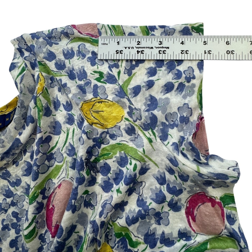 Polo Ralph Lauren Floral Linen Knit Tie Front Top Womens Medium Blue Tulip Tee - Picture 9 of 11